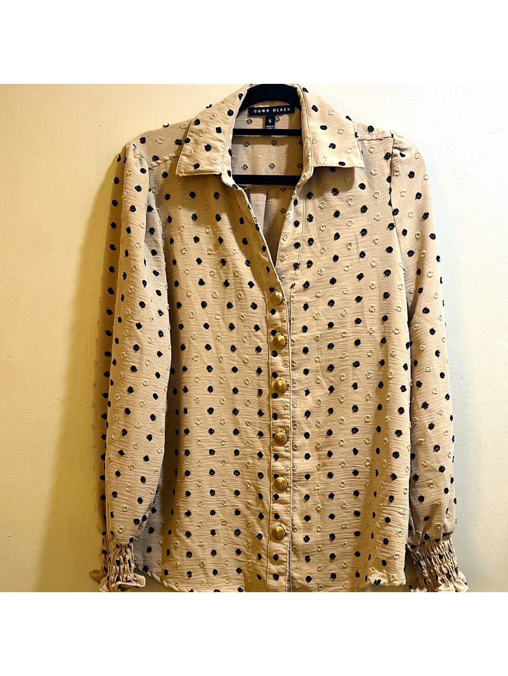 Como Black Women’s S Beige/Black Polka Dot Collared Long Sleeve Button Blouse